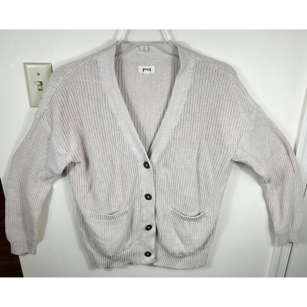 Pact Cardigan Women M Oatmeal Organic Cotton Shaker Stitch Button Front Chunky